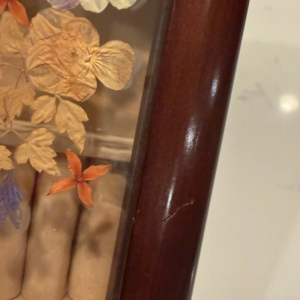 Bombay Pressed Flowers Wooden Musical Jewelry Box Plays Love Story Vintage 1990